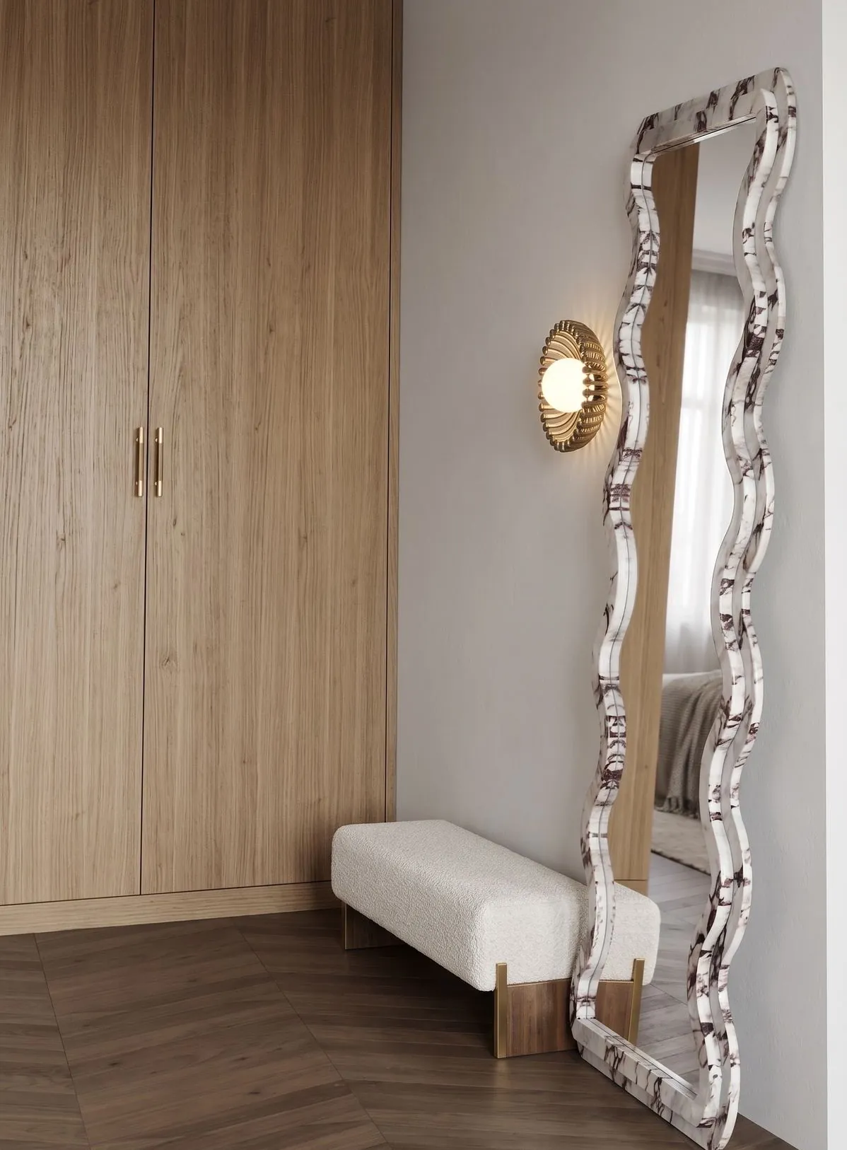 Vital — dressing en bois clair avec miroir sculpté doré, Atelier Nola